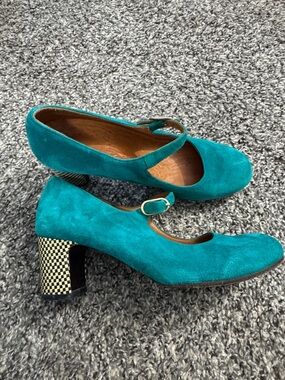 Chie Mihara Teal Suede Mary Jane Pumps with Patterned Block Heel made in Spain